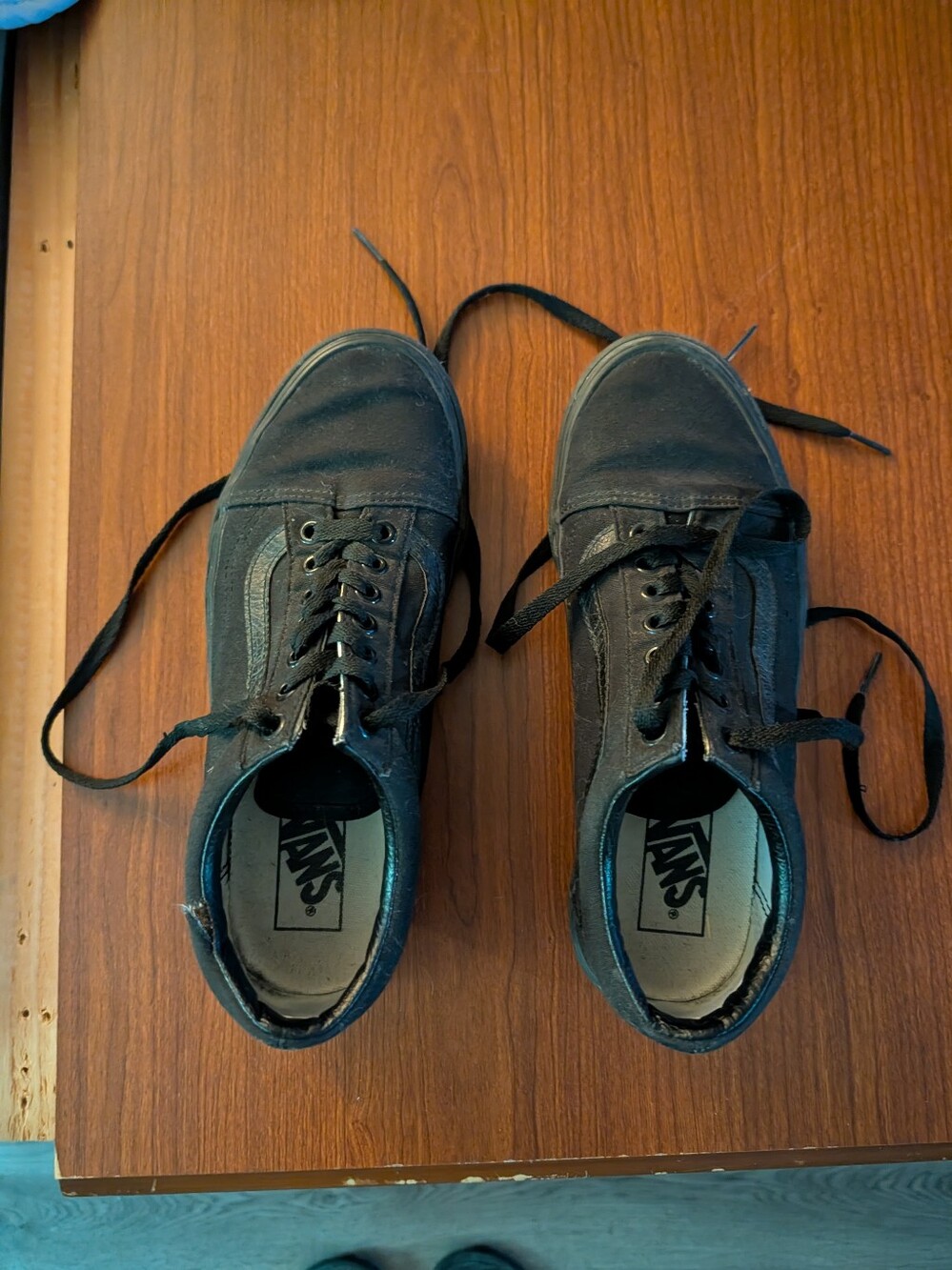 Vans Black Canvas Low-Top Skate Sneakers. Small Rip On Left Shoe